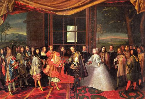imagen: Commons.wikimedia.org  artista: Laumosnier Entrevista de Luis XIV de Francia y Felipe IV de España en la Isla de los Faisanes en 1659